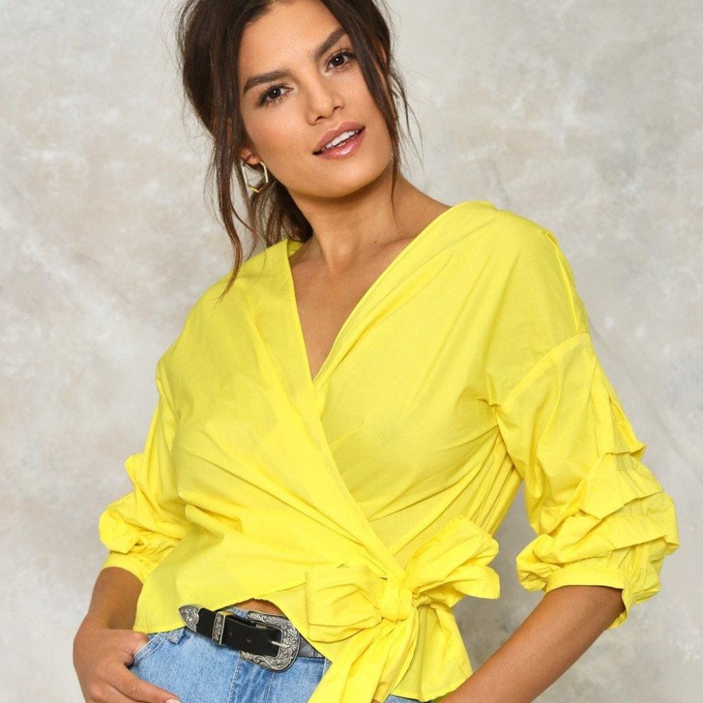 Nasty Gal Yellow "Good All Around" Wrap Top with Poof Sleeves